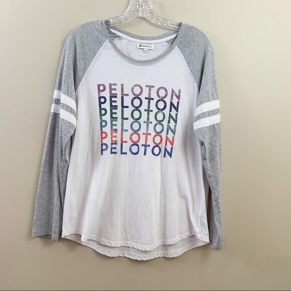 Peloton Scoop Neck Multi-Color Logo Print  White/Gray Long Sleeve Top - Picture 1 of 5